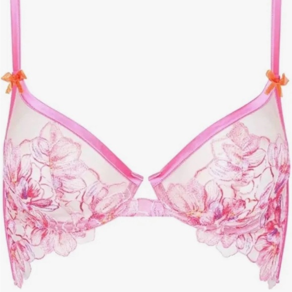 NWT For Love And Lemons Hibiscus Pink Floral Bra with bows Sz 38D - Picture 2 of 6